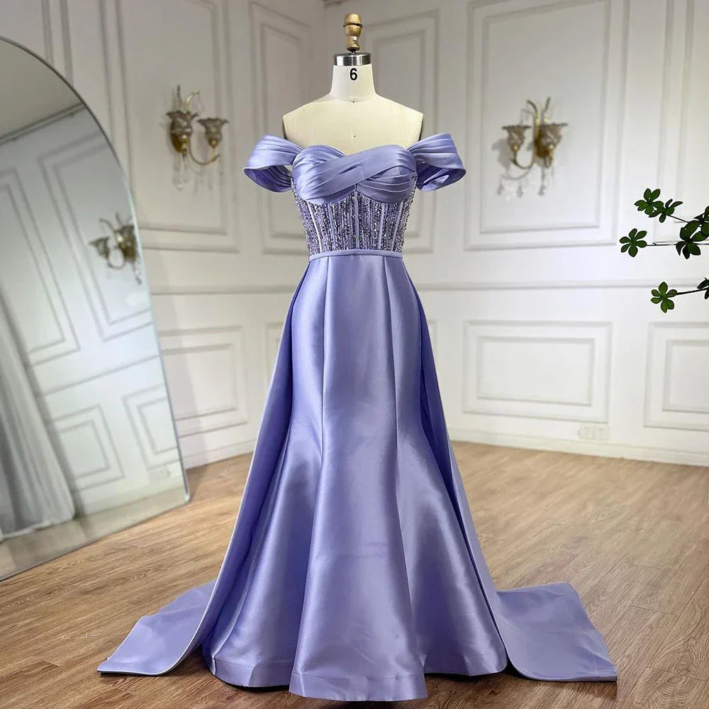 Vestido largo de noche de satén lila árabe 2025 con sobrefalda - Elegante vestido de fiesta con cuentas para bodas de mujer LA72359 