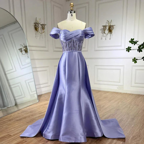 Robe de soirée longue en satin lilas arabe 2025 avec surjupe – Élégante robe de soirée perlée pour mariage LA72359 