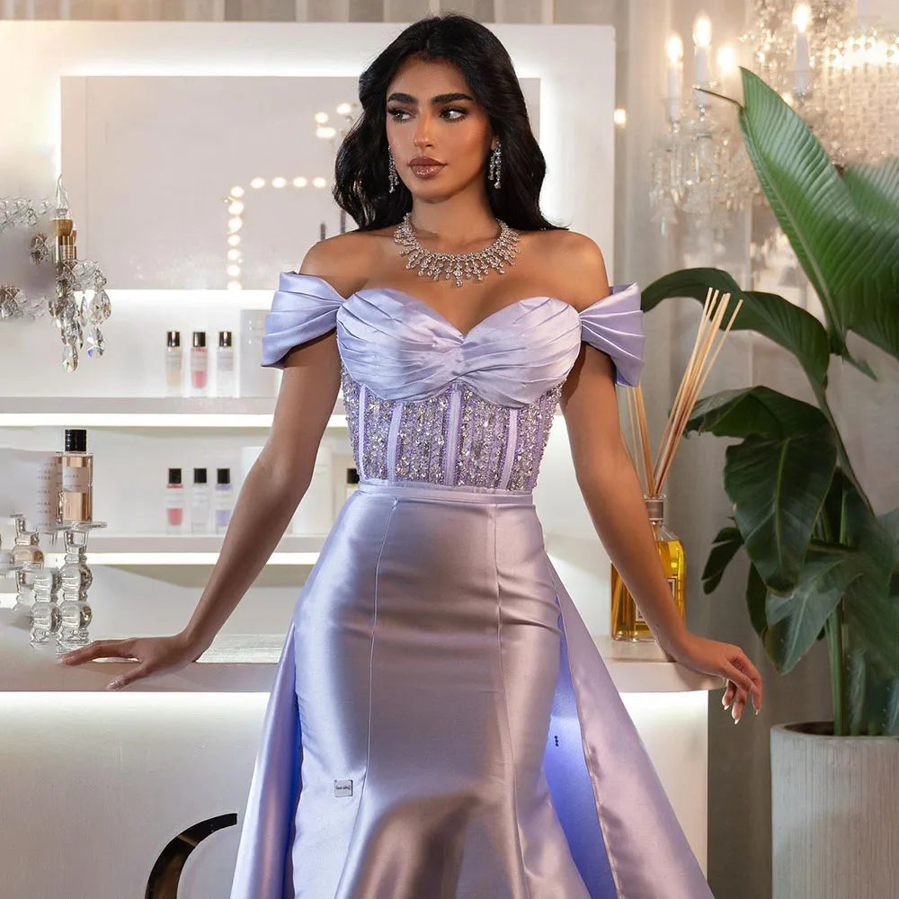 Vestido largo de noche de satén lila árabe 2025 con sobrefalda - Elegante vestido de fiesta con cuentas para bodas de mujer LA72359 