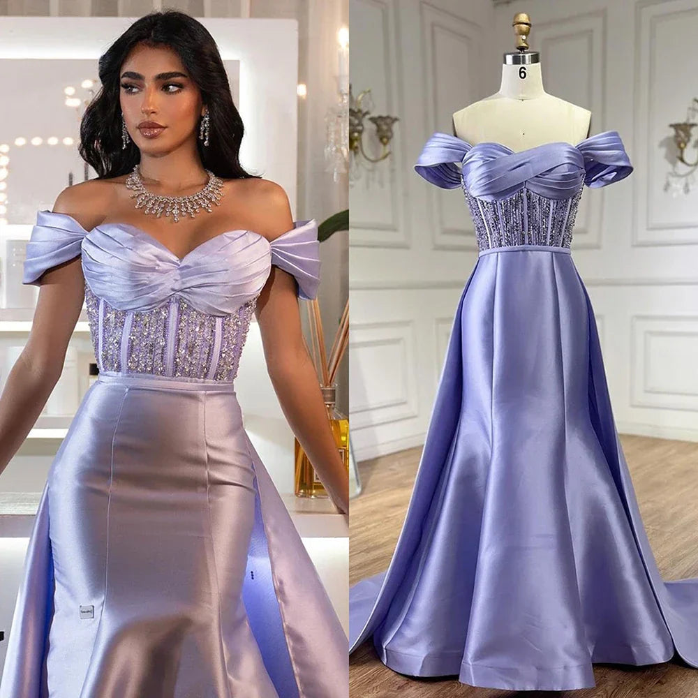 Vestido largo de noche de satén lila árabe 2025 con sobrefalda - Elegante vestido de fiesta con cuentas para bodas de mujer LA72359 