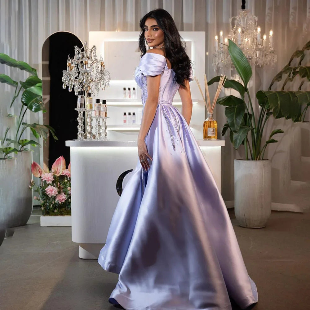 Vestido largo de noche de satén lila árabe 2025 con sobrefalda - Elegante vestido de fiesta con cuentas para bodas de mujer LA72359 