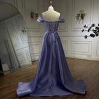 Vestido largo de noche de satén lila árabe 2025 con sobrefalda - Elegante vestido de fiesta con cuentas para bodas de mujer LA72359 