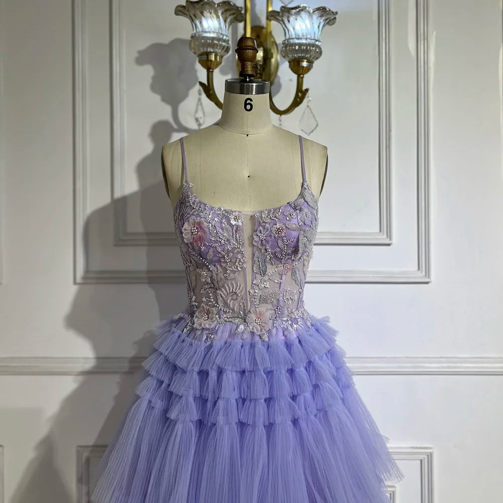 Vestido de noche de lujo para mujer, corte en A, tirantes finos, falda escalonada, apliques de encaje, color lila árabe, modelo LA72618 (2025) 