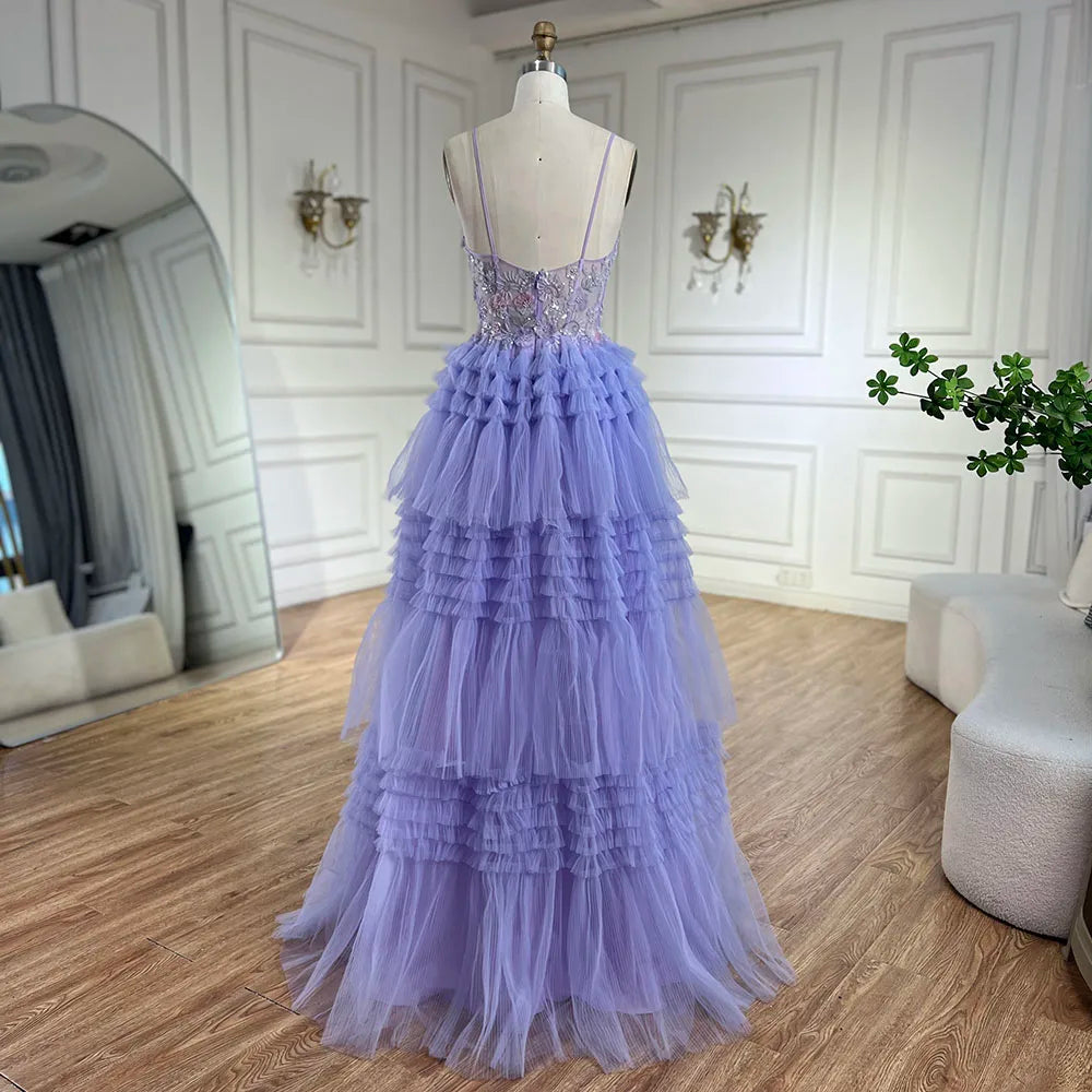 Vestido de noche de lujo para mujer, corte en A, tirantes finos, falda escalonada, apliques de encaje, color lila árabe, modelo LA72618 (2025) 