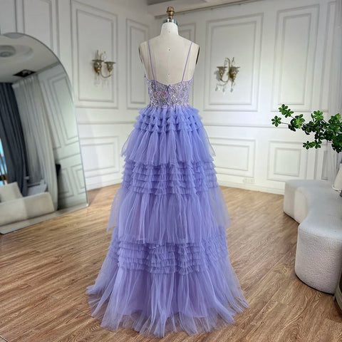 Robe de soirée de luxe à bretelles spaghetti style arabe lilas 2025, coupe trapèze, avec appliques en dentelle, pour soirée, LA72618 