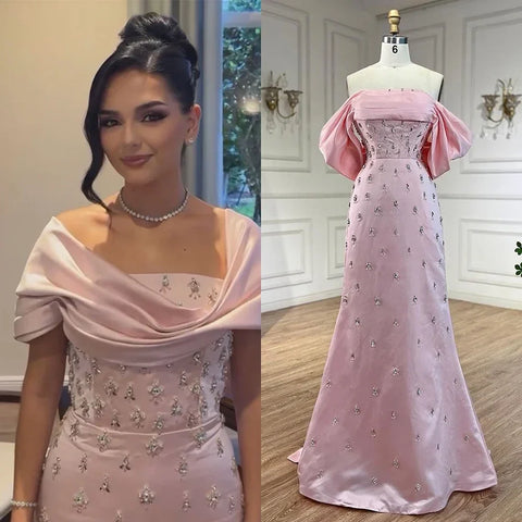 Robe de soirée luxueuse rose pâle à épaules dénudées pour femme, LA72414