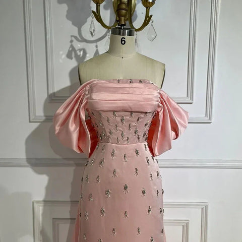 Robe de soirée luxueuse rose pâle à épaules dénudées pour femme, LA72414