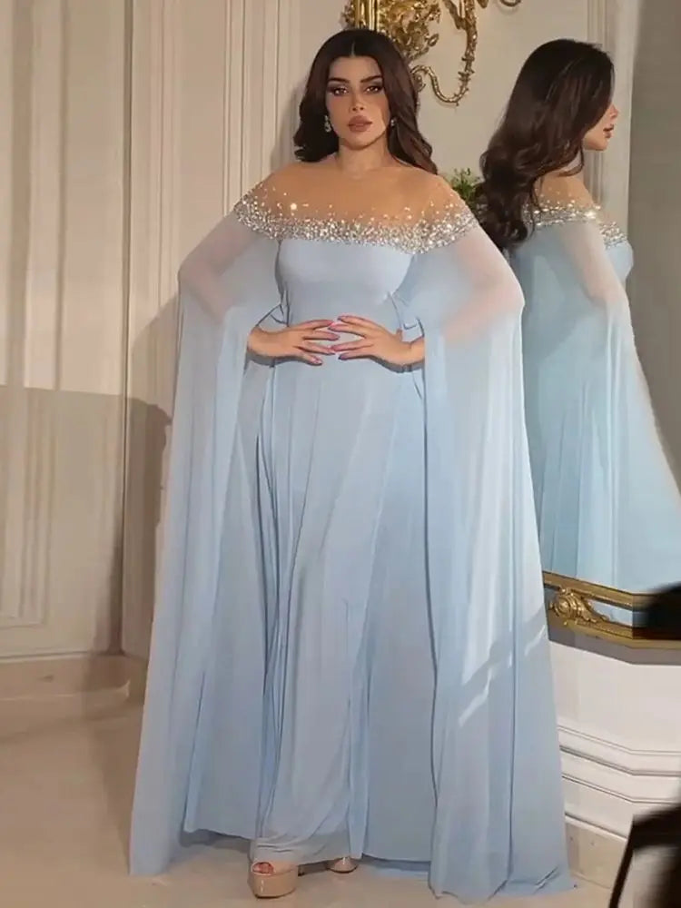 Vestido de noche azul celeste corte A con cristales árabes de lujo 2025, estilo Dubai, con elegante caftán para ocasiones formales LA72766 