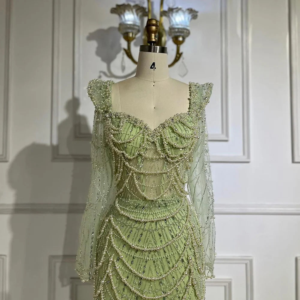 Vestido de noche de lujo estilo sirena con escote corazón, perlas y cuentas, color verde salvia árabe, modelo LA72660 (2025) 