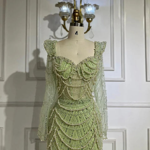 Robe de soirée de luxe style sirène, vert sauge, décolleté en cœur, perles, style Dubaï, pour femme, LA72660, 2025 