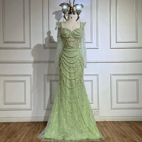 Robe de soirée de luxe style sirène, vert sauge, décolleté en cœur, perles, style Dubaï, pour femme, LA72660, 2025 