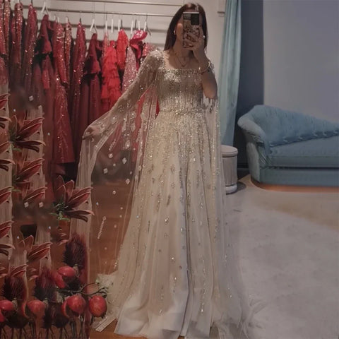 Robe de soirée de luxe arabe couleur chair, coupe trapèze, manches cape, perles de cristal, style saoudien, pour occasions formelles, LA72764, 2025