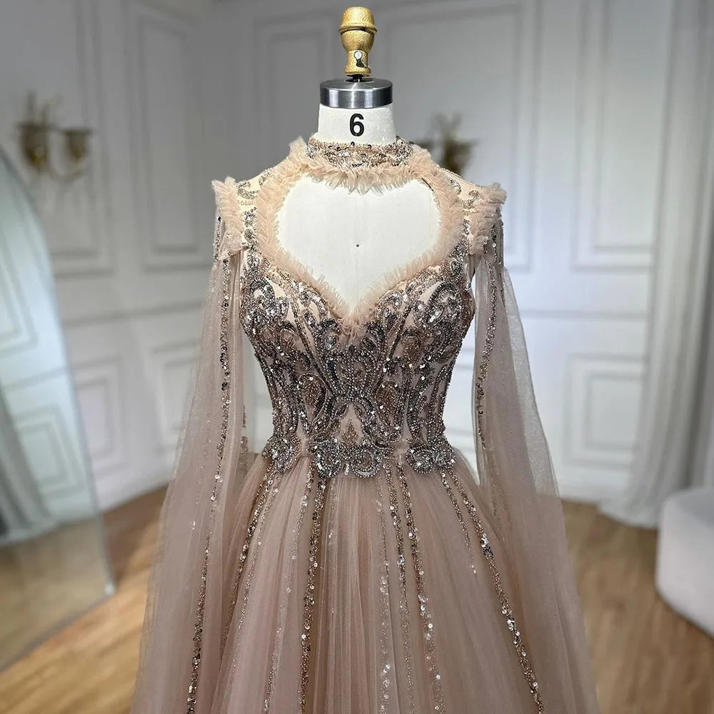 Vestido de noche de lujo elegante, corte A, estilo árabe, color nude, con mangas tipo capa y cuentas, ideal para bodas y fiestas (LA72384) 