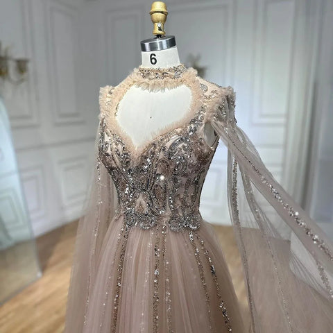 Robe de soirée élégante de luxe, couleur chair, style arabe, coupe trapèze, manches cape, perles, pour femmes, fête de mariage, LA72384, 2025 