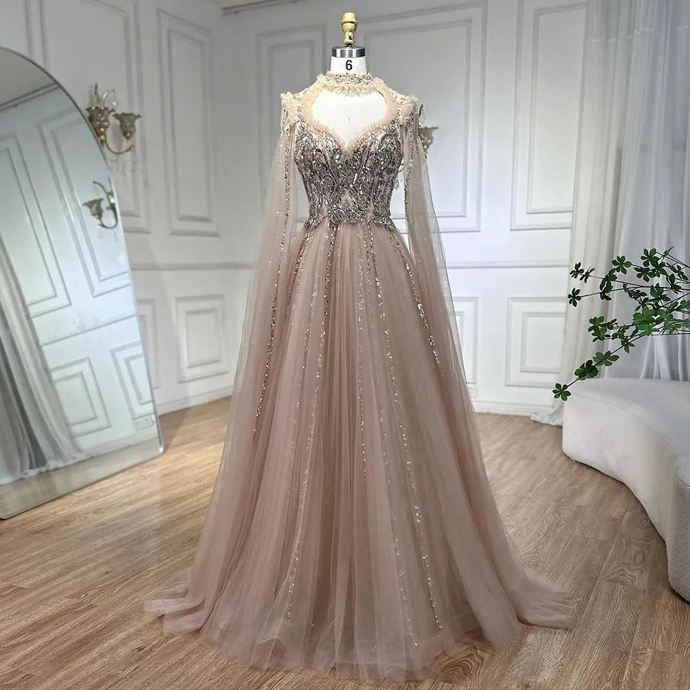 Vestido de noche de lujo elegante, corte A, estilo árabe, color nude, con mangas tipo capa y cuentas, ideal para bodas y fiestas (LA72384) 