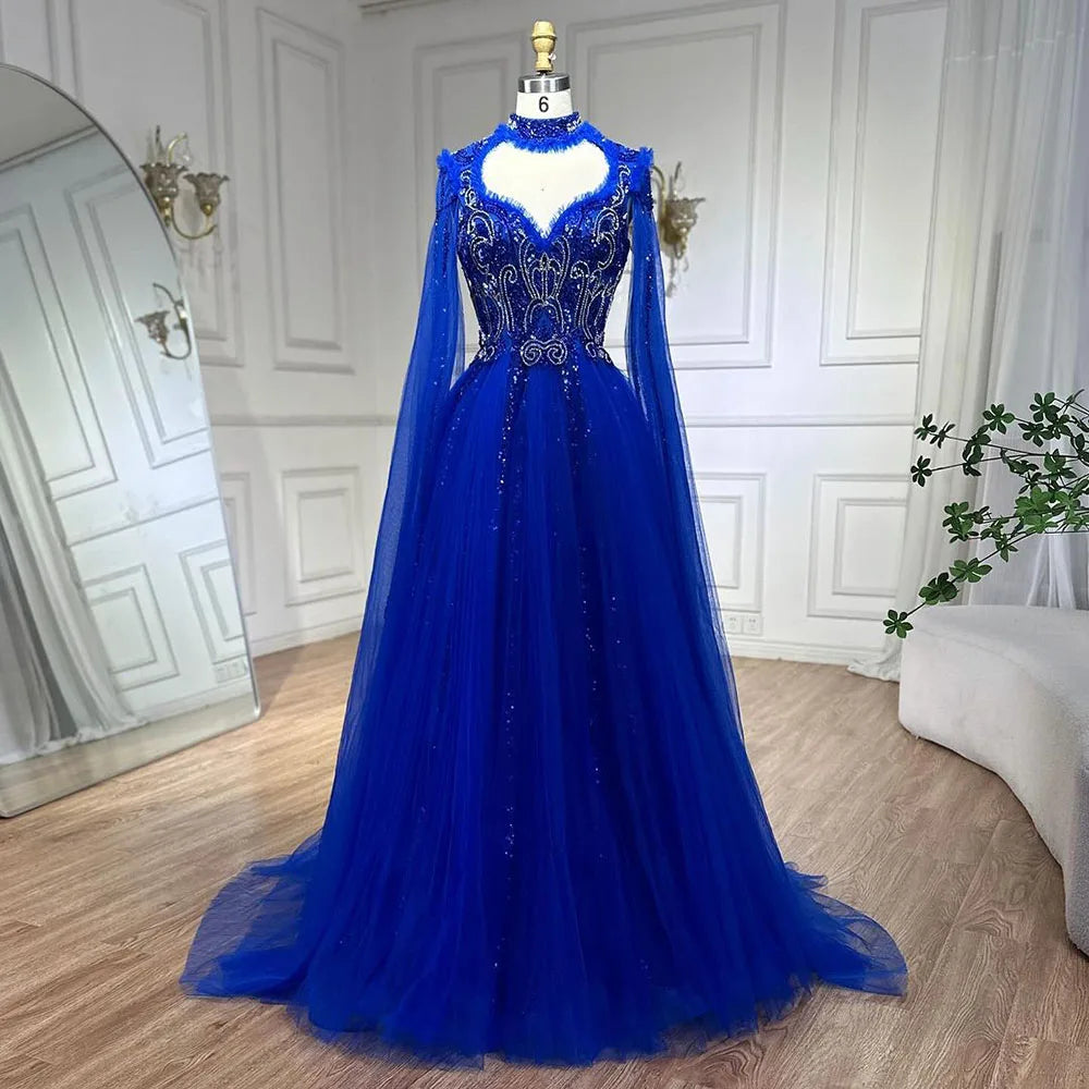 Vestido de noche de lujo elegante, corte A, estilo árabe, color nude, con mangas tipo capa y cuentas, ideal para bodas y fiestas (LA72384) 