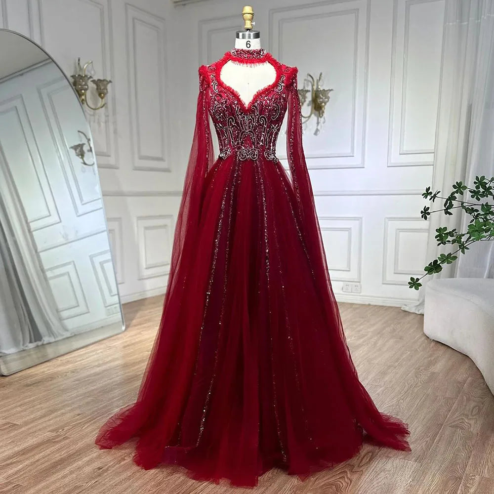 Vestido de noche de lujo elegante, corte A, estilo árabe, color nude, con mangas tipo capa y cuentas, ideal para bodas y fiestas (LA72384) 