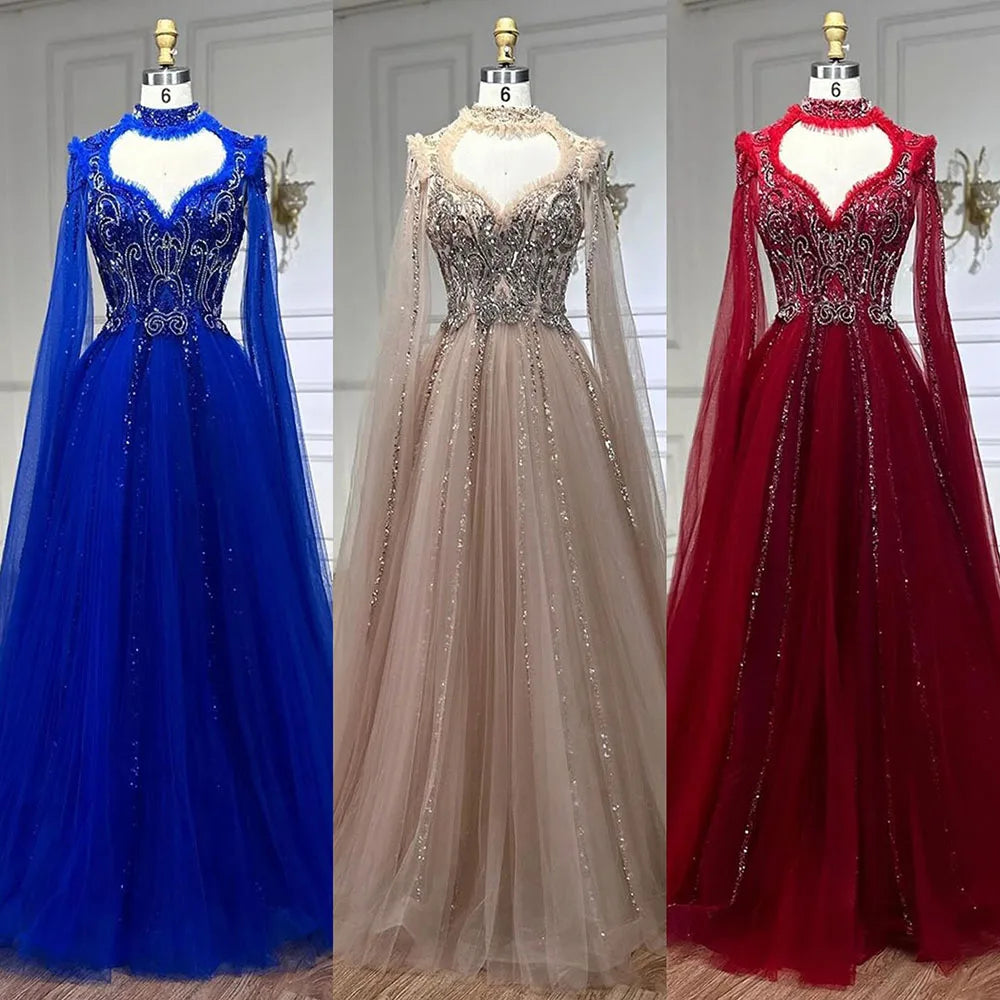 Vestido de noche de lujo elegante, corte A, estilo árabe, color nude, con mangas tipo capa y cuentas, ideal para bodas y fiestas (LA72384) 