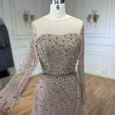 Vestido de noche de sirena elegante color nude árabe 2025 con falda de cuentas y cordones para bodas y fiestas de mujeres LA72375 