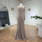 Vestido de noche de sirena elegante color nude árabe 2025 con falda de cuentas y cordones para bodas y fiestas de mujeres LA72375 
