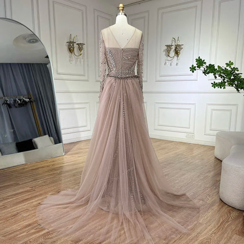 Vestido de noche de sirena elegante color nude árabe 2025 con falda de cuentas y cordones para bodas y fiestas de mujeres LA72375 