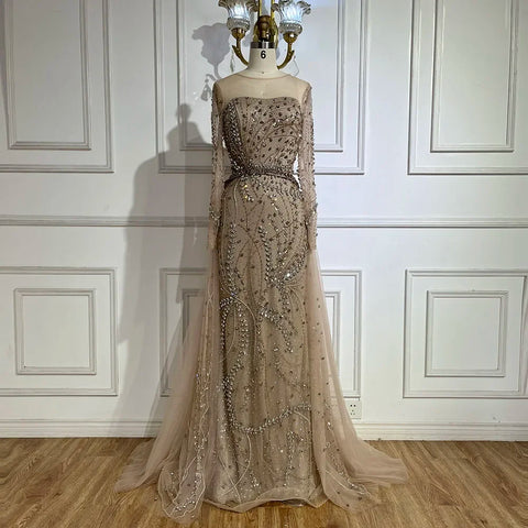 Vestido de noche de sirena elegante color nude árabe 2025 con falda de cuentas y cordones para bodas y fiestas de mujeres LA72375 
