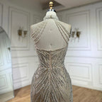 2025 Arabic Nude Halter Neck Mermaid Pearls Beaded Luxury Dubai Evening Gown for Women's Party LA72696