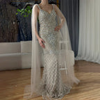 Vestido de noche de lujo saudí de 2025, estilo sirena, color nude, con capa y cuentas, para ocasiones formales LA72748 