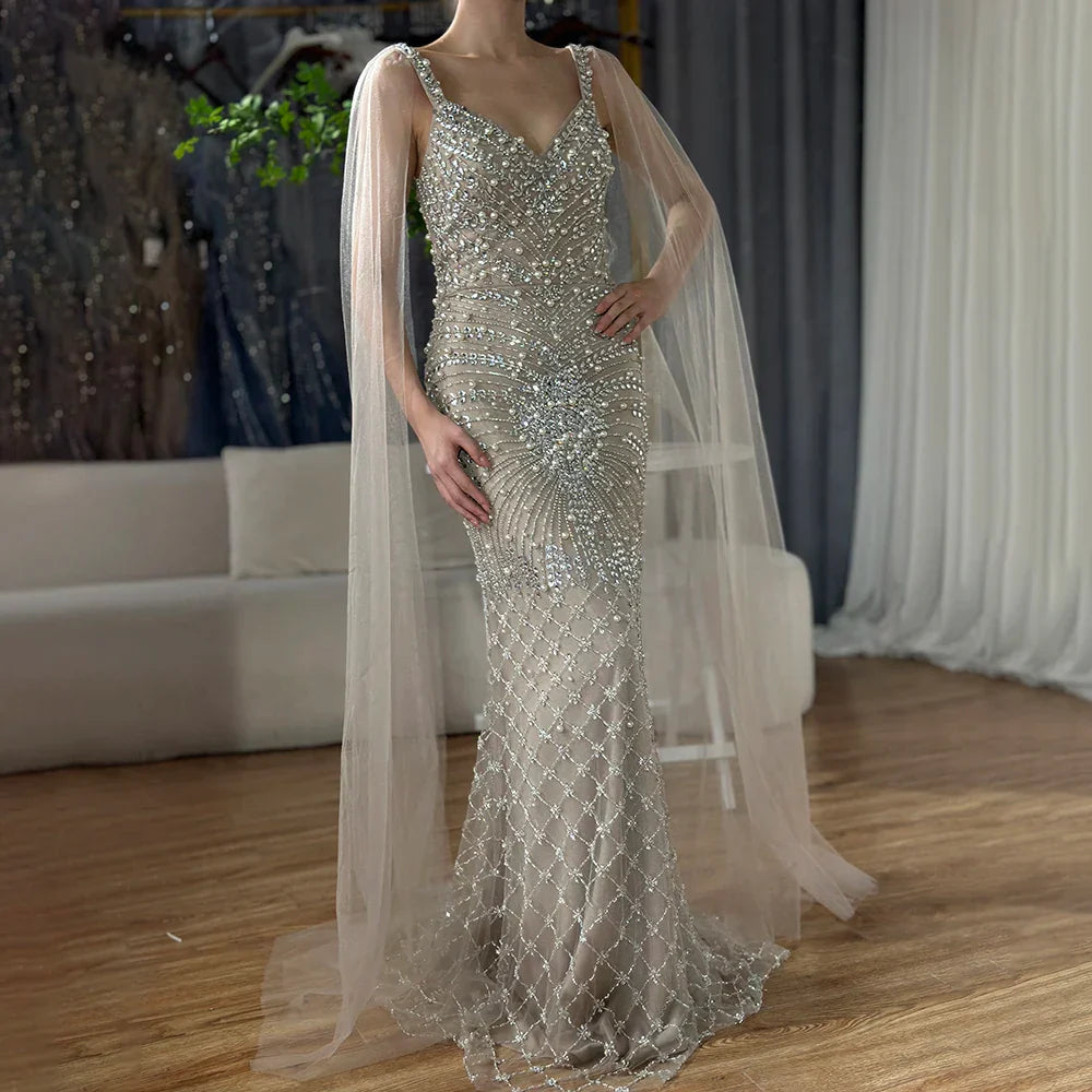Vestido de noche de lujo saudí de 2025, estilo sirena, color nude, con capa y cuentas, para ocasiones formales LA72748 