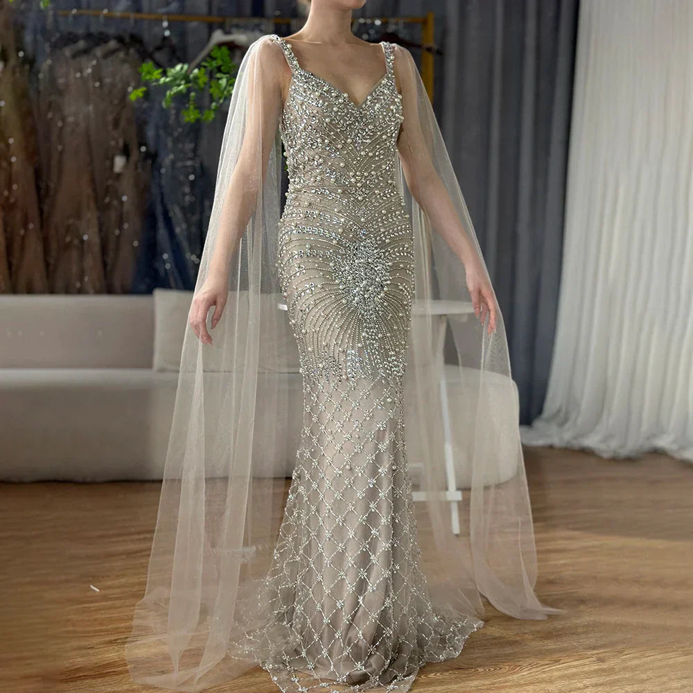 Vestido de noche de lujo saudí de 2025, estilo sirena, color nude, con capa y cuentas, para ocasiones formales LA72748 