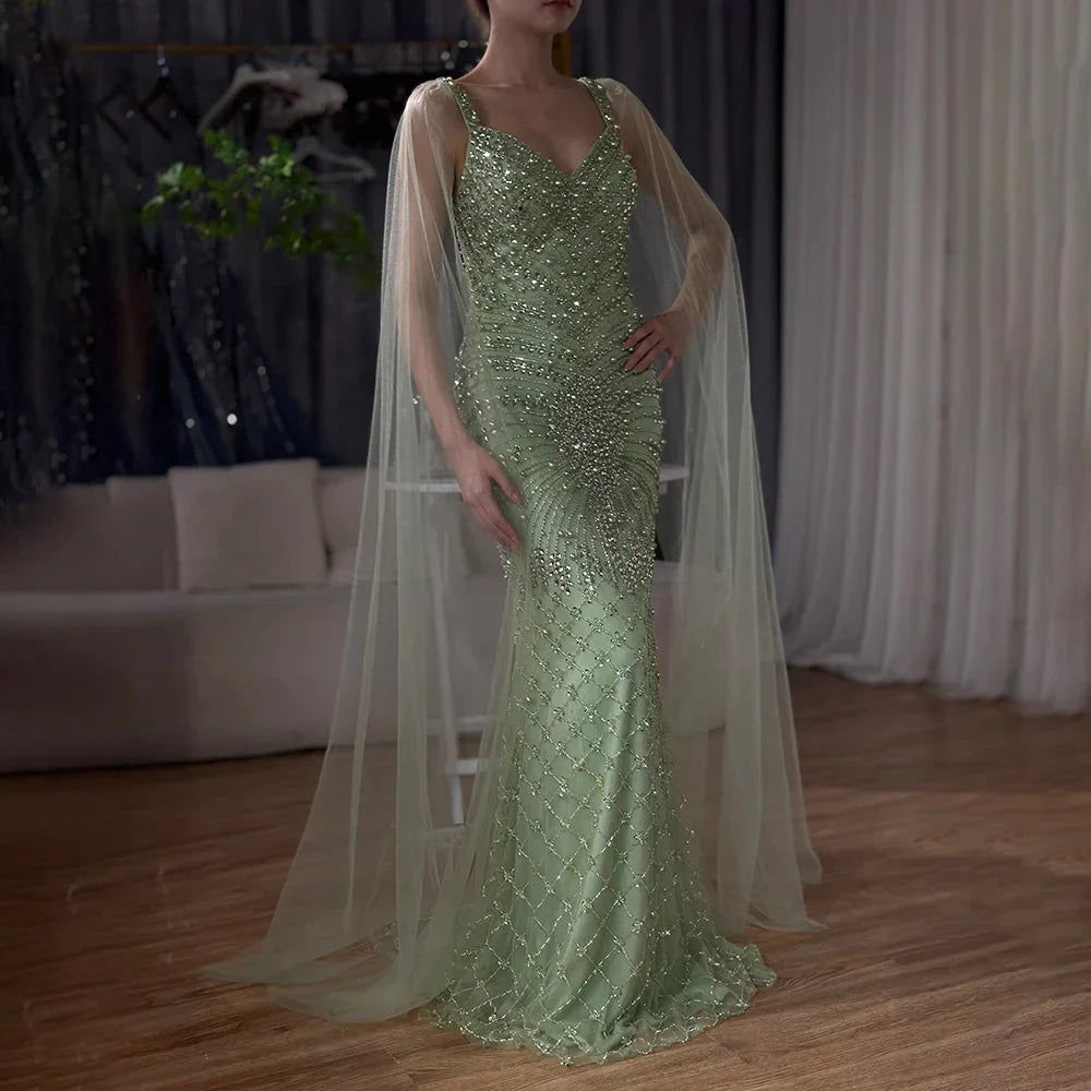 Vestido de noche de lujo saudí de 2025, estilo sirena, color nude, con capa y cuentas, para ocasiones formales LA72748 