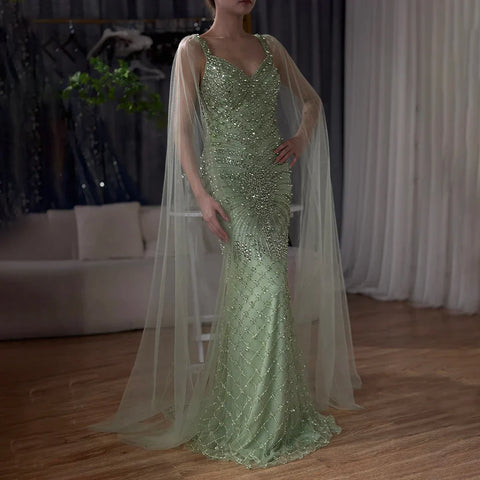 Vestido de noche de lujo saudí de 2025, estilo sirena, color nude, con capa y cuentas, para ocasiones formales LA72748 