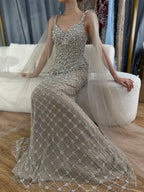 Vestido de noche de lujo saudí de 2025, estilo sirena, color nude, con capa y cuentas, para ocasiones formales LA72748 