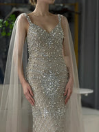 Vestido de noche de lujo saudí de 2025, estilo sirena, color nude, con capa y cuentas, para ocasiones formales LA72748 