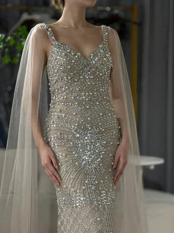 Vestido de noche de lujo saudí de 2025, estilo sirena, color nude, con capa y cuentas, para ocasiones formales LA72748 