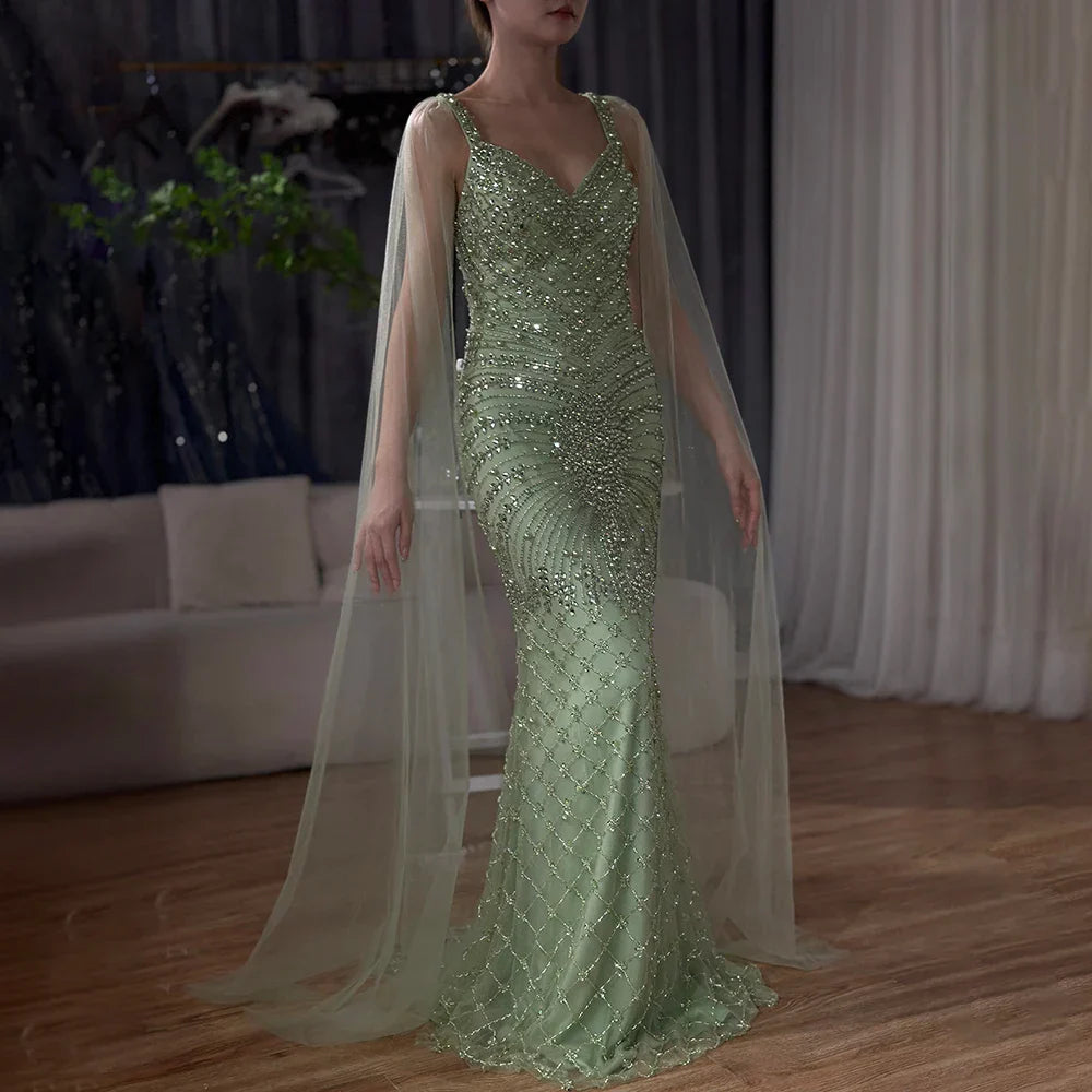 Vestido de noche de lujo saudí de 2025, estilo sirena, color nude, con capa y cuentas, para ocasiones formales LA72748 
