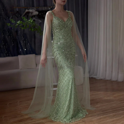 Vestido de noche de lujo saudí de 2025, estilo sirena, color nude, con capa y cuentas, para ocasiones formales LA72748 