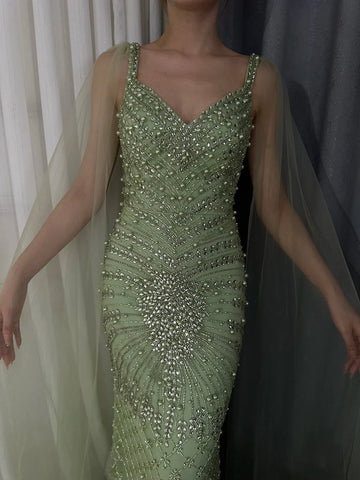 Vestido de noche de lujo saudí de 2025, estilo sirena, color nude, con capa y cuentas, para ocasiones formales LA72748 