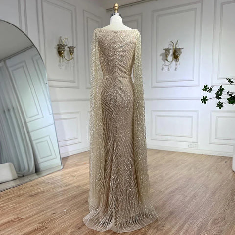 Vestido de noche de lujo con mangas capa, elegante y con cuentas, estilo sirena, color nude árabe, para mujer, ideal para bodas y fiestas (LA72320) 