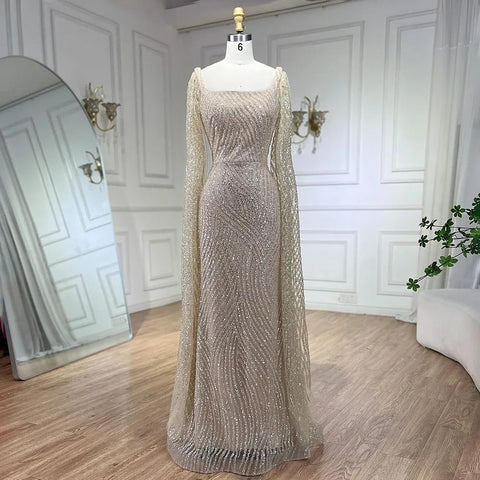 Vestido de noche de lujo con mangas capa, elegante y con cuentas, estilo sirena, color nude árabe, para mujer, ideal para bodas y fiestas (LA72320) 