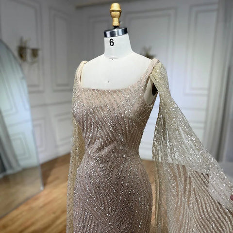 Vestido de noche de lujo con mangas capa, elegante y con cuentas, estilo sirena, color nude árabe, para mujer, ideal para bodas y fiestas (LA72320) 
