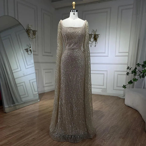 Vestido de noche de lujo con mangas capa, elegante y con cuentas, estilo sirena, color nude árabe, para mujer, ideal para bodas y fiestas (LA72320) 