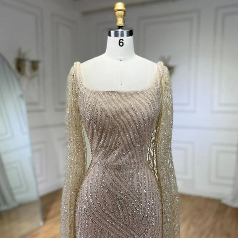 Vestido de noche de lujo con mangas capa, elegante y con cuentas, estilo sirena, color nude árabe, para mujer, ideal para bodas y fiestas (LA72320) 