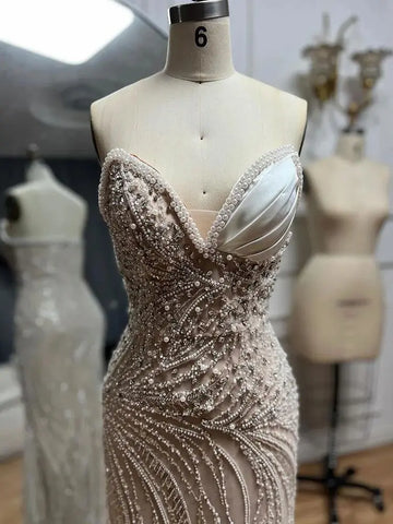 Vestido de noche árabe blanco nude estilo sirena con perlas y cuentas, de lujo, para ocasiones formales (LA72712) 