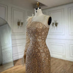Vestido de noche de lujo árabe color nude, un solo hombro, con plumas y cuentas, estilo Dubái, para mujer, modelo LA72546A 
