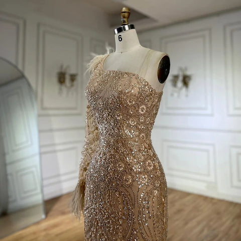 Vestido de noche de lujo árabe color nude, un solo hombro, con plumas y cuentas, estilo Dubái, para mujer, modelo LA72546A 