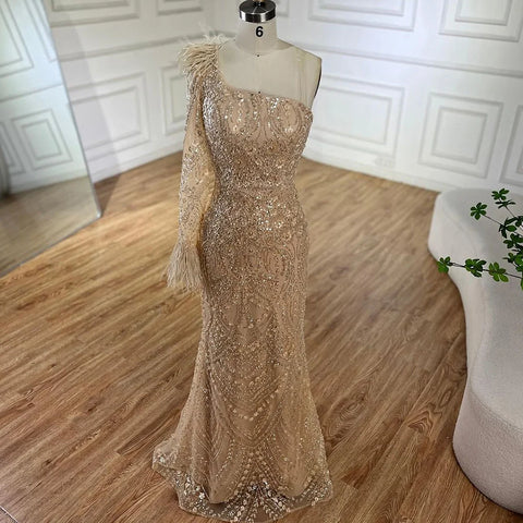 Vestido de noche de lujo árabe color nude, un solo hombro, con plumas y cuentas, estilo Dubái, para mujer, modelo LA72546A 
