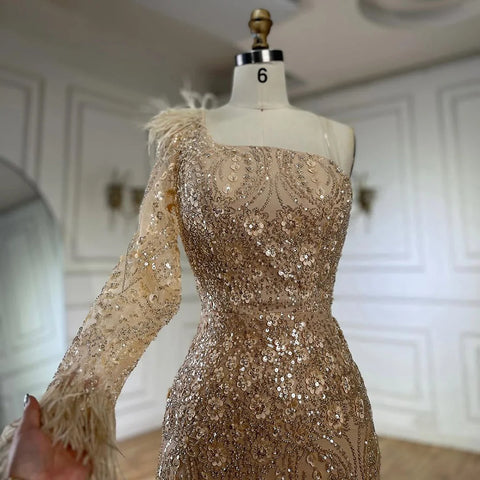 Vestido de noche de lujo árabe color nude, un solo hombro, con plumas y cuentas, estilo Dubái, para mujer, modelo LA72546A 