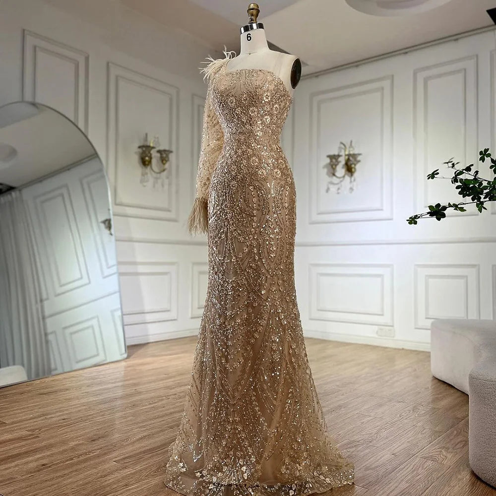 Vestido de noche de lujo árabe color nude, un solo hombro, con plumas y cuentas, estilo Dubái, para mujer, modelo LA72546A 