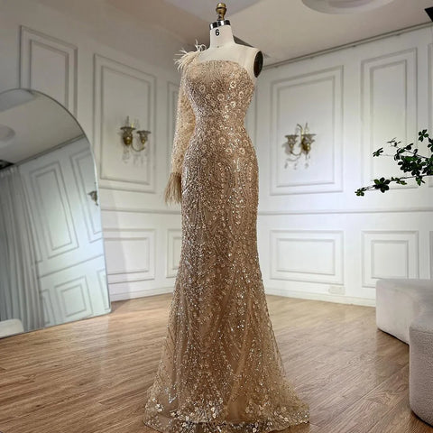 Vestido de noche de lujo árabe color nude, un solo hombro, con plumas y cuentas, estilo Dubái, para mujer, modelo LA72546A 